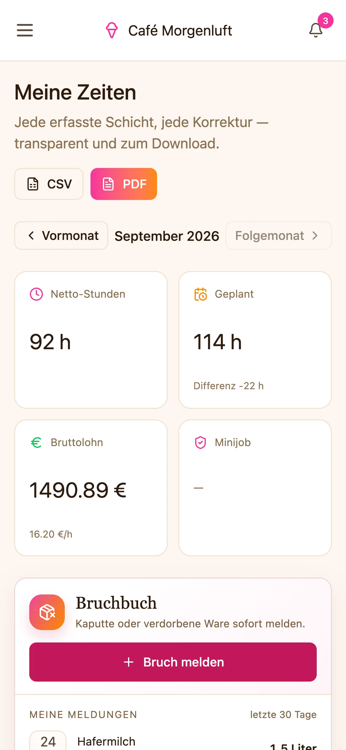 Meine Zeiten auf dem Handy: Netto-Stunden, geplante Stunden und Bruttolohn im September, Export als CSV und PDF.