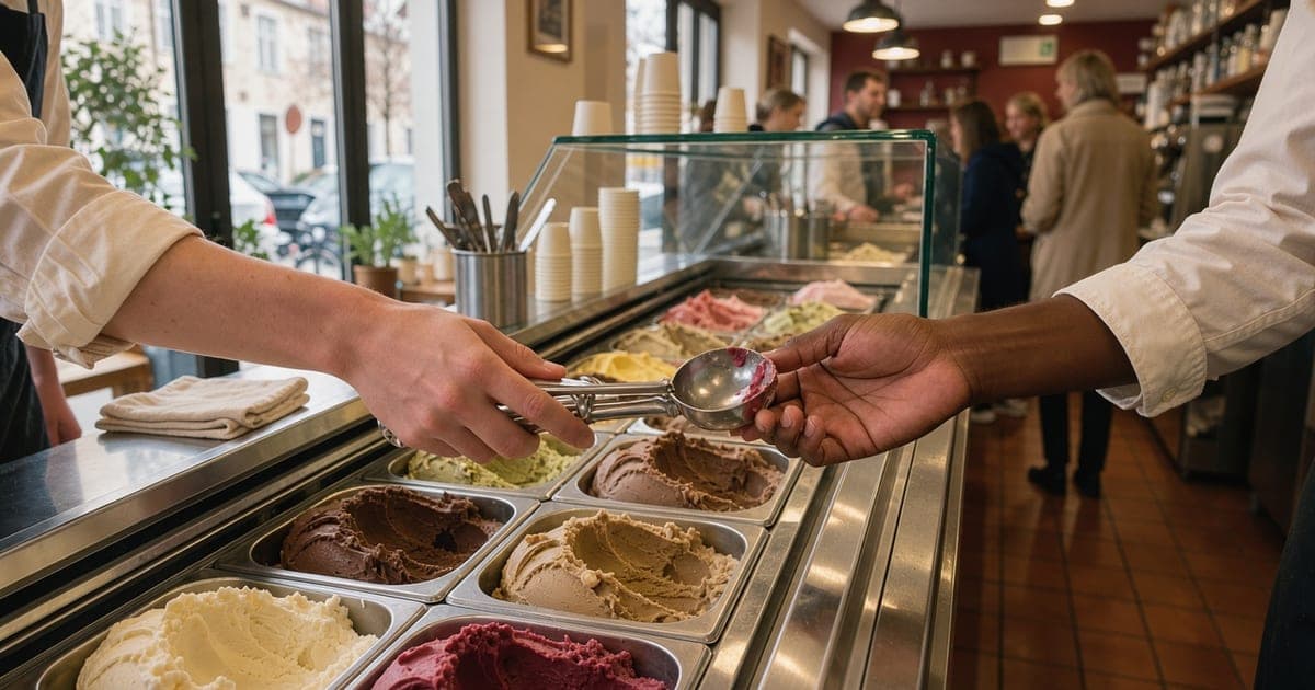 Zwei Hände reichen sich über eine volle Eistheke hinweg einen Portionierer, im Hintergrund wartende Gäste unscharf