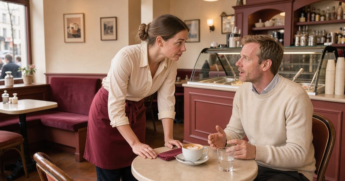 Servicekraft beugt sich zu einem Gast am Cafétisch und hört zu, auf dem Tisch eine halb volle Tasse Cappuccino