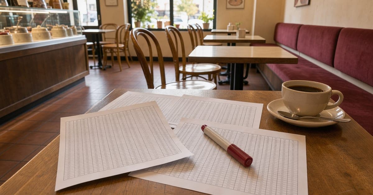 Ausgedruckte Tabellenblätter, ein Textmarker und eine Tasse Kaffee auf einem Holztisch in einem leeren Café am Morgen