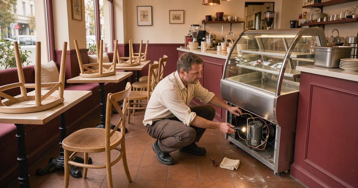 Leerer Gastraum eines kleinen Cafés mit hochgestellten Stühlen, eine Person prüft mit Taschenlampe die Rückseite einer Kühlvitrine