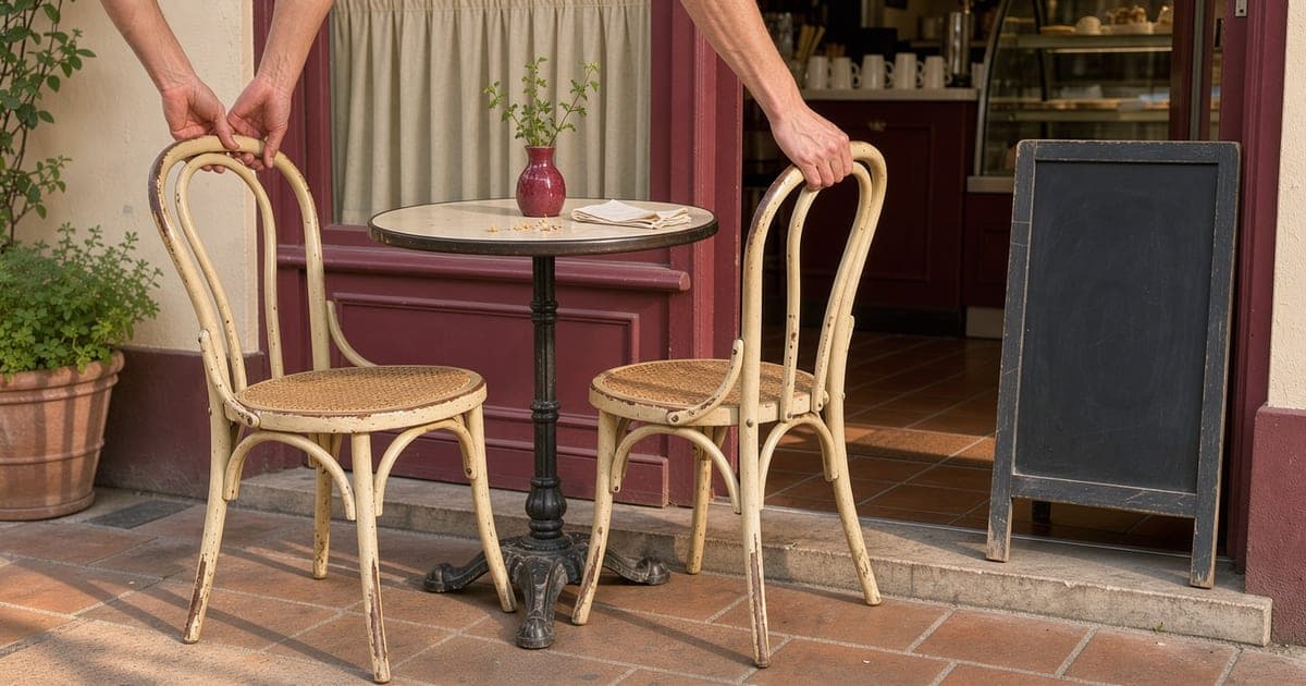 Hände rücken Bistrostühle an einem kleinen Tisch vor einem Café zurecht, daneben eine leere Kreidetafel am Eingang