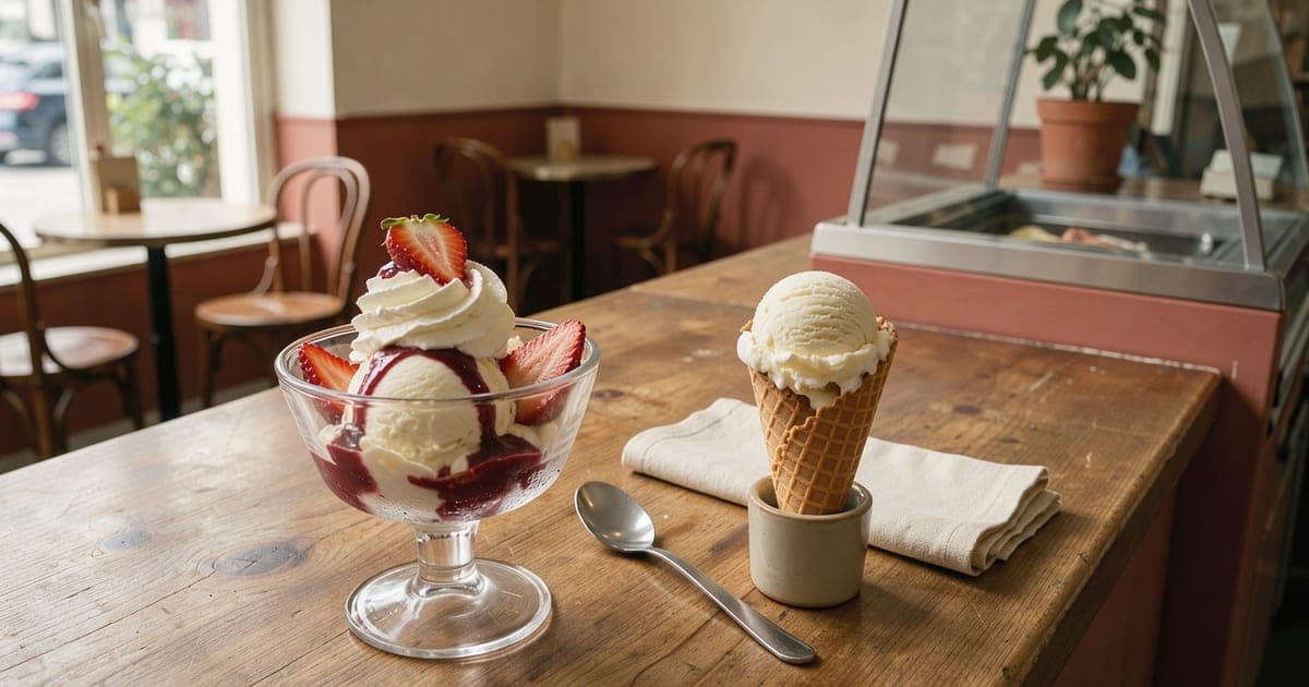 Eisbecher mit Erdbeeren und Sahne neben einer Kugel Eis in der Waffel auf einer Holztheke in einem kleinen Eiscafé