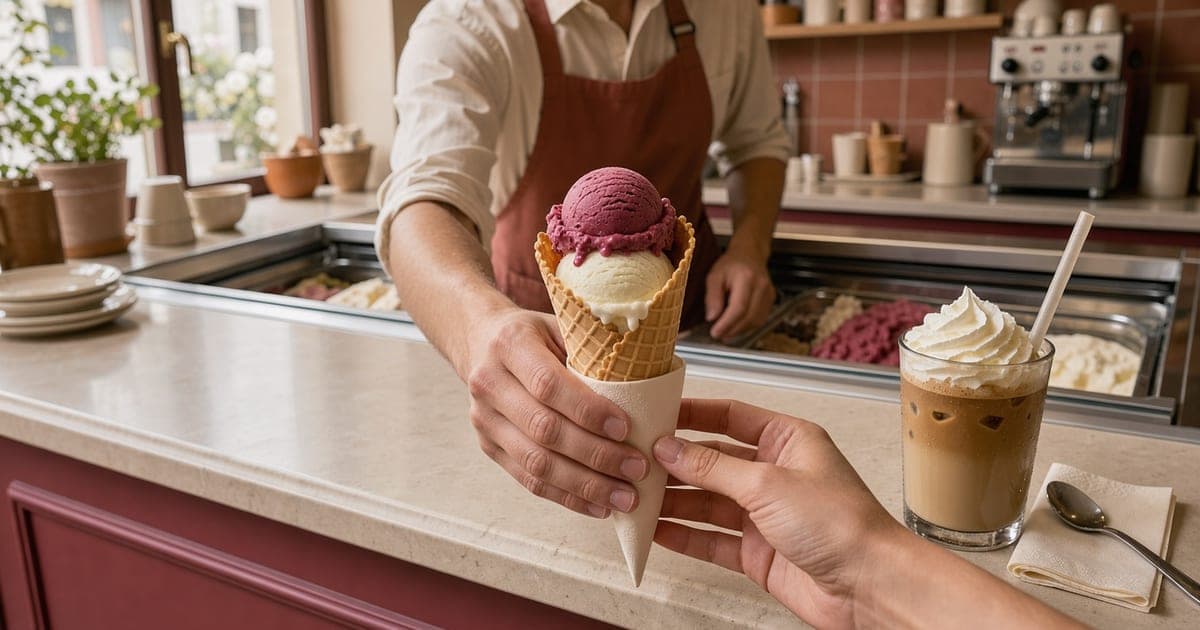 Servicekraft reicht über die Eistheke eine Waffel mit zwei Kugeln Eis, daneben ein Glas Eiskaffee mit Sahnehaube