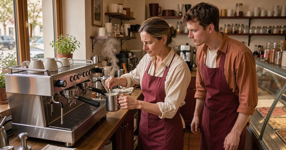 Erfahrene Kollegin zeigt einer neuen Mitarbeiterin an der Café-Theke, wie man Milch für einen Cappuccino aufschäumt