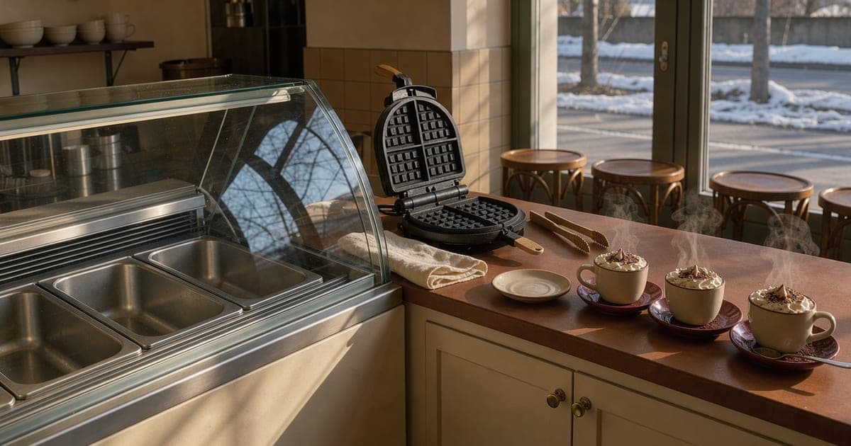 Leere Eisvitrine neben einem Waffeleisen und Tassen mit heißer Schokolade auf der Theke einer Eisdiele, draußen Winterlicht