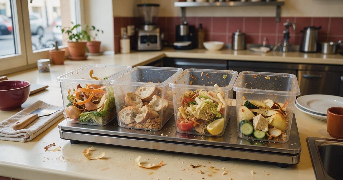Vier durchsichtige Behälter mit Gemüseschalen, Brotresten und Tellerresten stehen auf einer Bodenwaage in einer kleinen Cafeküche
