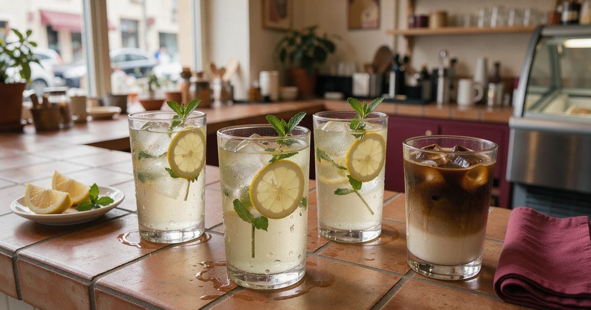 Große Gläser mit hausgemachter Zitronenlimonade, Minze und Eiswürfeln auf der Theke eines kleinen Cafés, daneben ein Eiskaffee