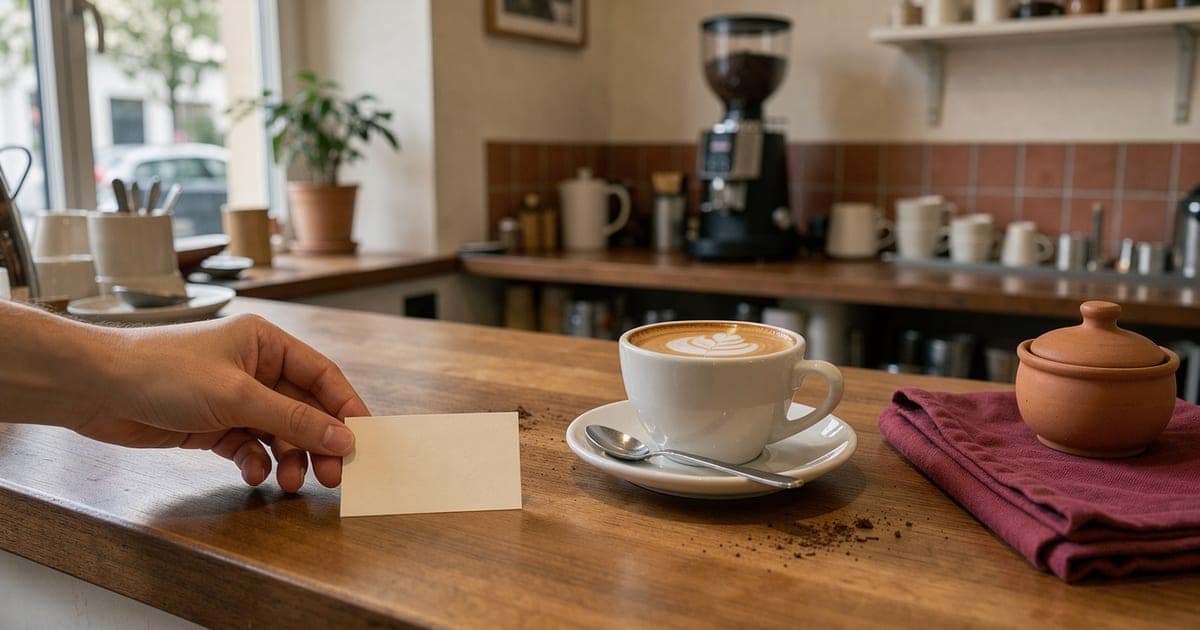 Hand legt eine kleine, unbeschriftete Karte neben eine Cappuccinotasse auf einen Holztresen, im Hintergrund unscharf eine Kaffeemühle