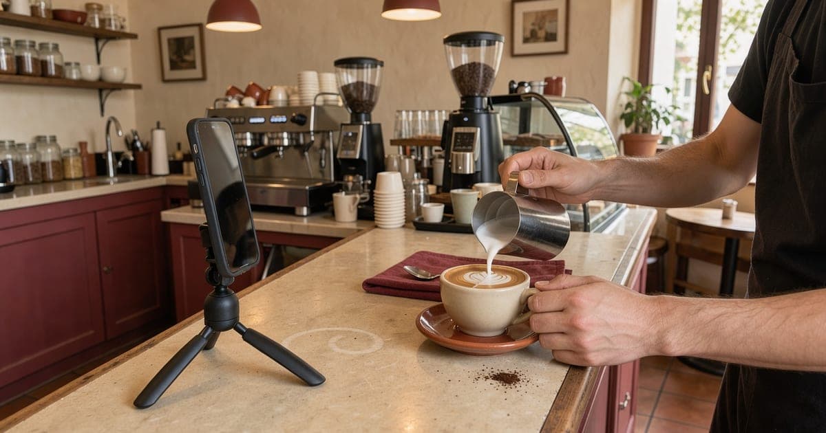 Smartphone auf einem kleinen Stativ filmt Hände, die hinter der Theke Milchschaum in eine Tasse gießen