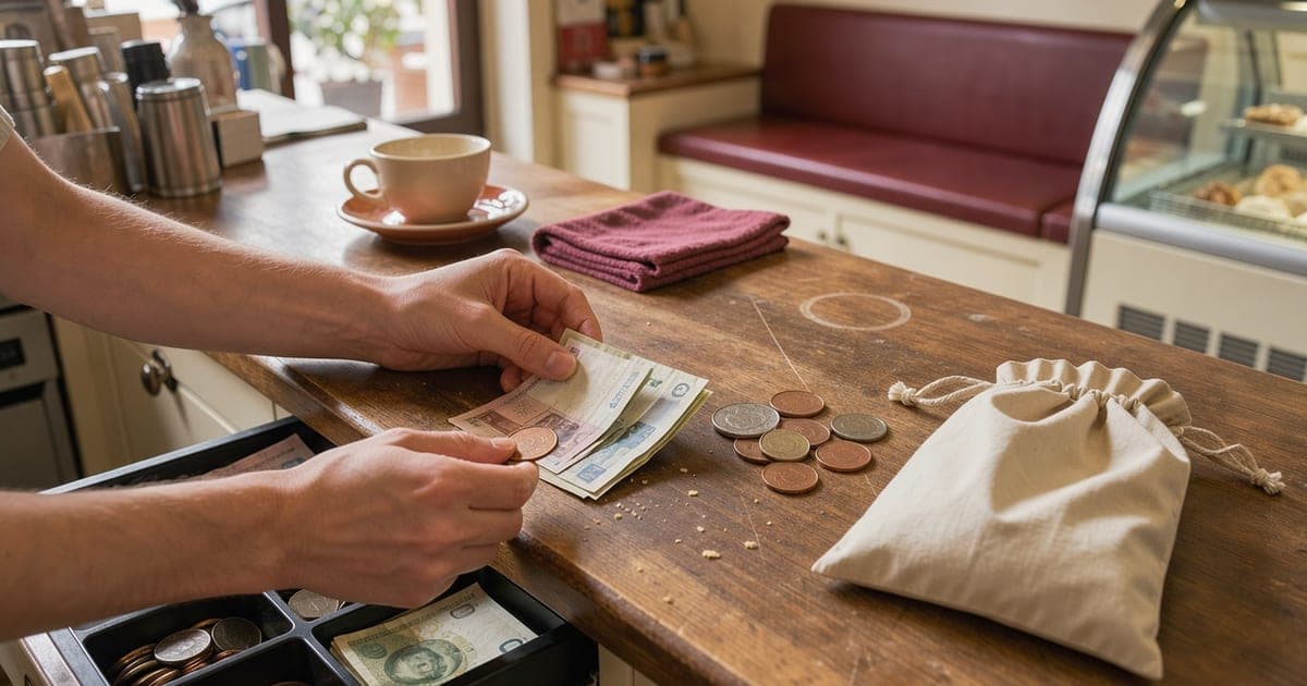 Zwei Hände zählen Geldscheine und Münzen aus einer Kassenlade auf einen Holztresen, daneben ein Stoffbeutel für die Bank