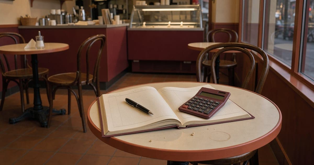 Aufgeschlagenes Kassenbuch mit Taschenrechner und Kugelschreiber auf einem Bistrotisch in einem leeren Café am Abend