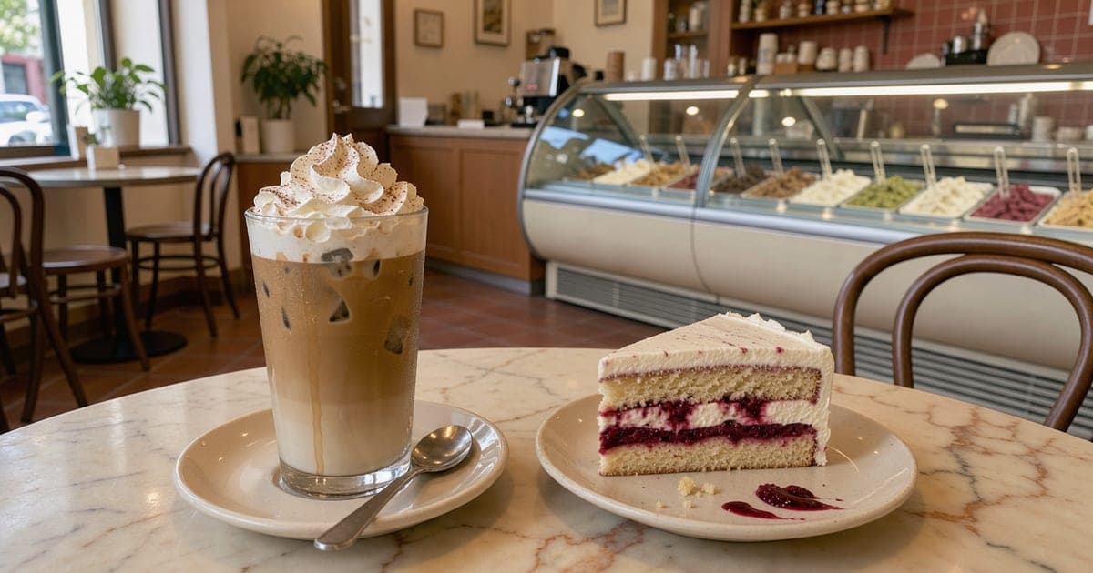 Ein Eiskaffee mit Sahnehaube neben einem Stück Kuchen auf einem Marmortisch in einer Eisdiele, im Hintergrund die Eisvitrine