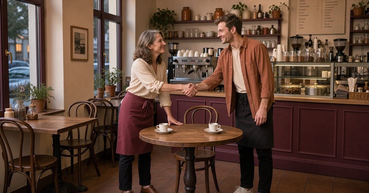 Inhaberin und Mitarbeiterin geben sich nach Feierabend an einem leeren Cafétisch die Hand, daneben zwei Espressotassen