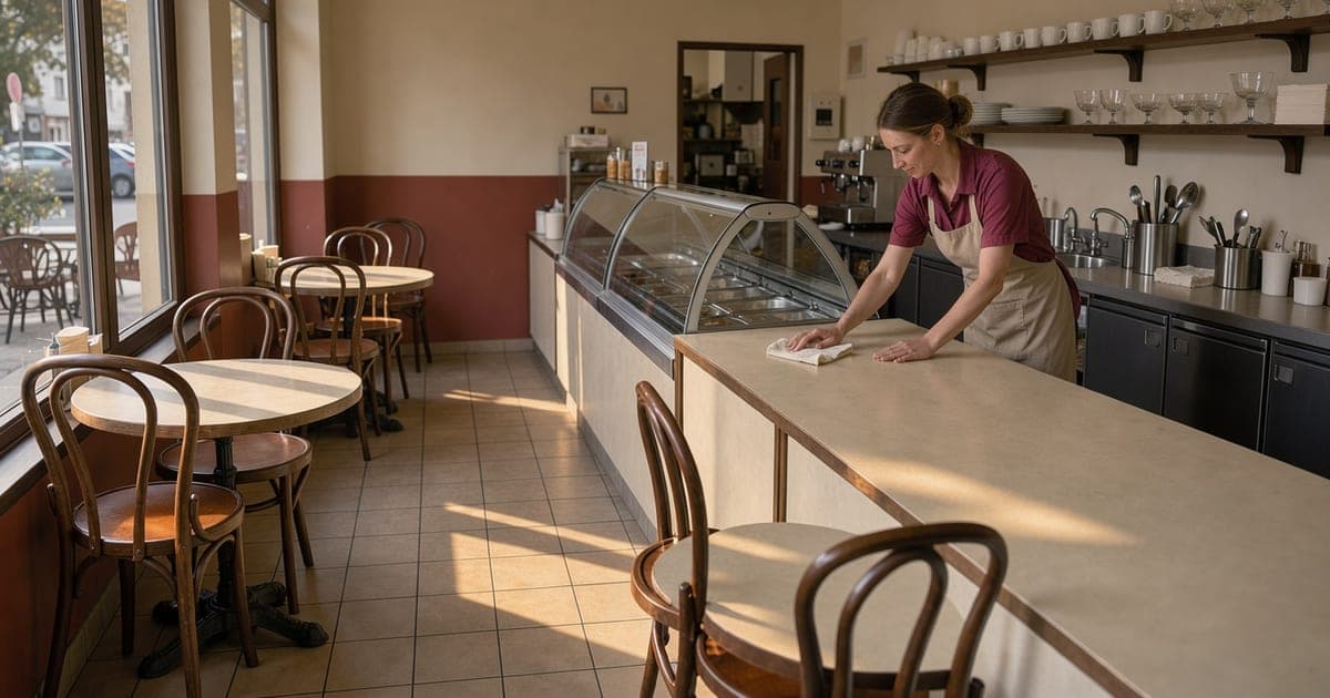 Leeres Café am späten Nachmittag, eine Mitarbeiterin wischt die Theke, auf den Tischen stehen umgedrehte Stühle im warmen Abendlicht