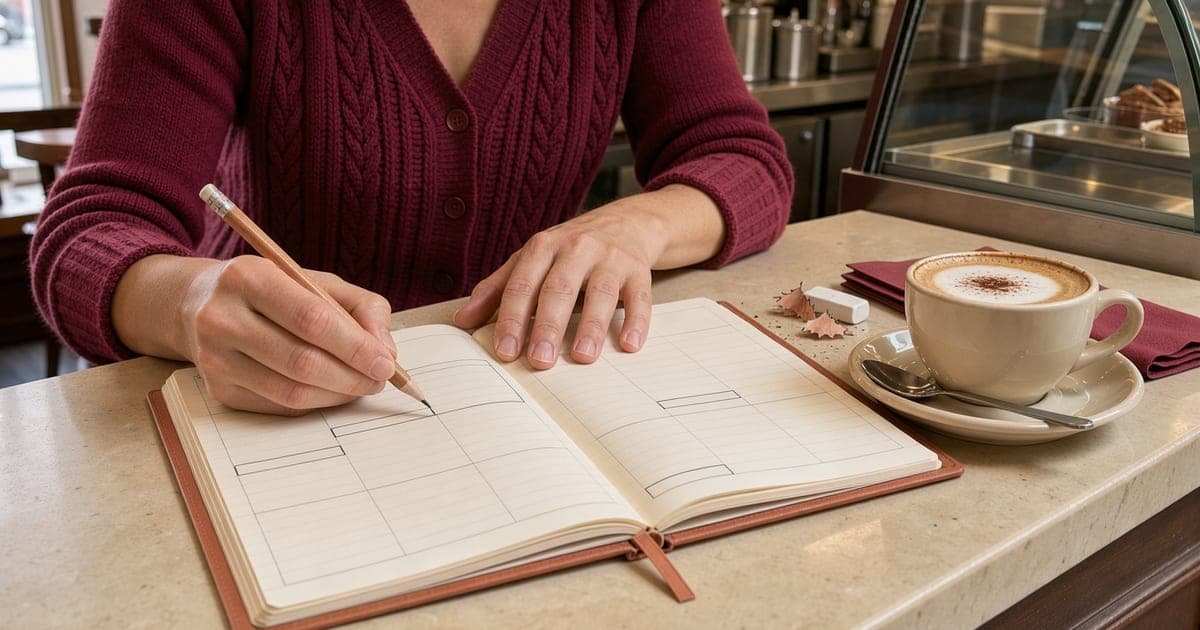 Hände tragen mit Bleistift Schichten in einen leeren Wochenplan auf Papier ein, daneben eine Tasse Cappuccino auf dem Tresen