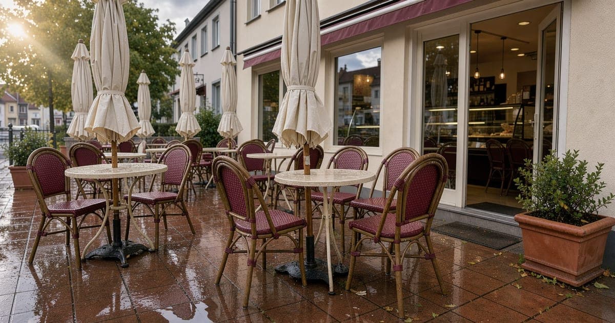 Leere Terrasse einer Eisdiele mit hochgeklappten Sonnenschirmen und nassen Stühlen nach einem Regenschauer am Nachmittag