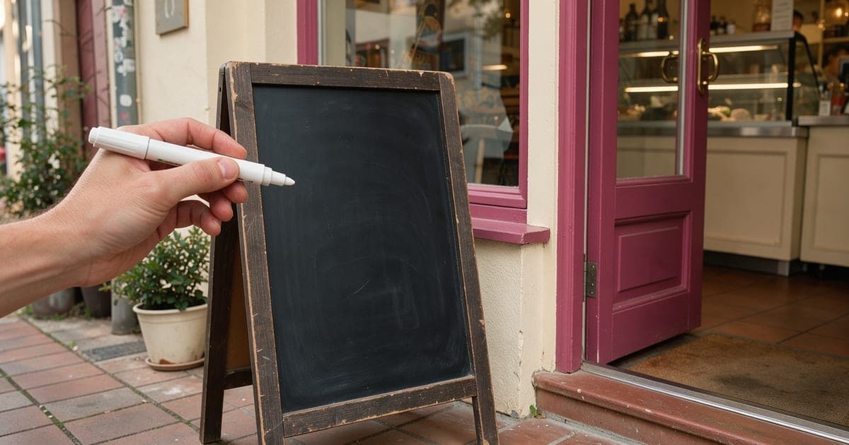 Hand schreibt mit Kreidestift auf eine leere Tafel neben der Eingangstür eines kleinen Eiscafés
