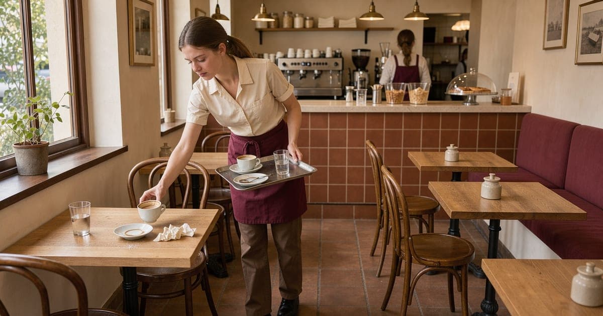 Junge Bewerberin räumt in einem kleinen Café benutzte Tassen von einem Tisch auf ein Tablett, im Hintergrund die Theke