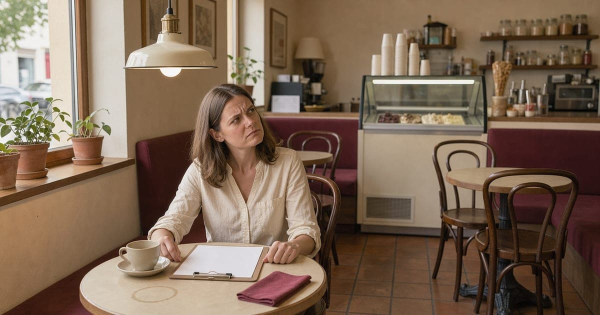 Frau sitzt allein an einem Cafétisch, schaut prüfend zur Deckenlampe, vor ihr ein Klemmbrett mit leerem Blatt und eine Tasse
