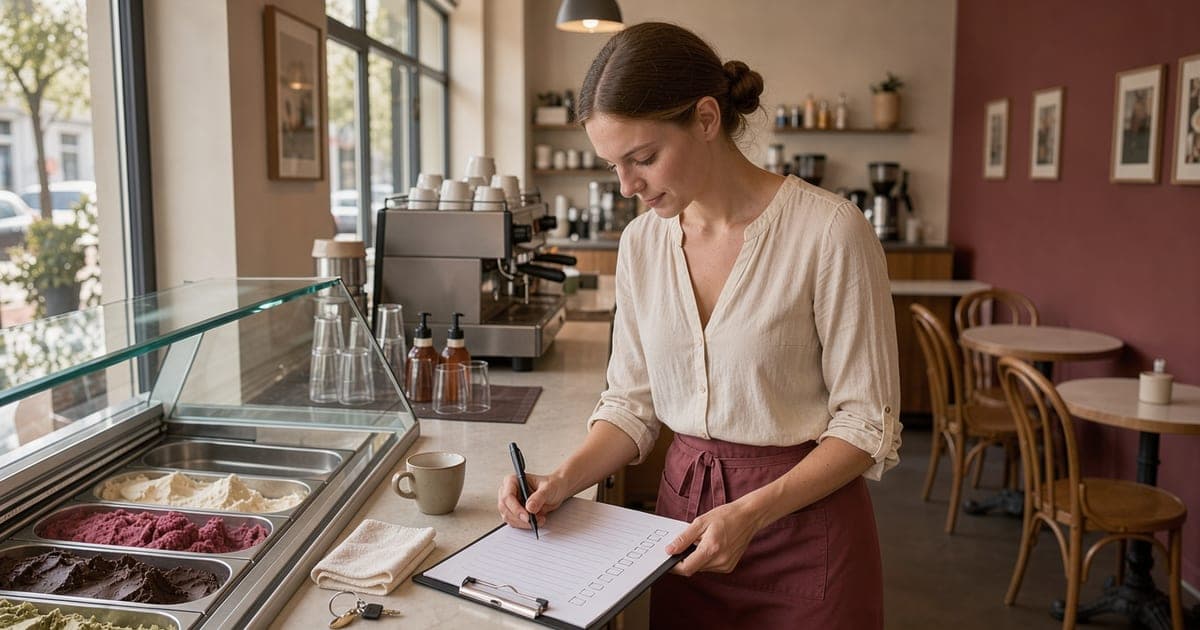 Eine Servicekraft hakt vor Schichtbeginn mit Kugelschreiber eine Liste auf einem Klemmbrett am Tresen eines Cafés ab