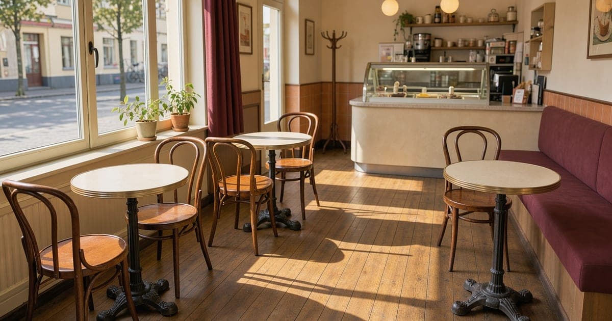 Leere Bistrotische und Stühle in einem kleinen Café am Nachmittag, Sonnenlicht fällt durch das Schaufenster auf den Holzboden