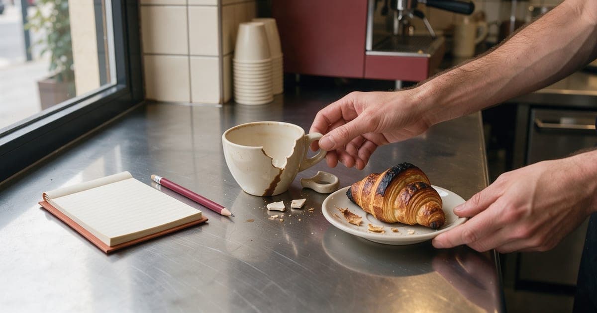 Hände legen eine zerbrochene Kaffeetasse und ein angebranntes Croissant auf eine Edelstahlarbeitsfläche neben einen Notizblock