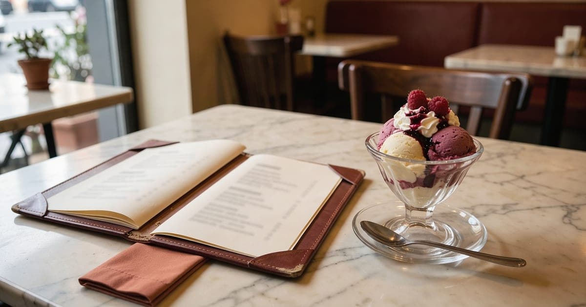 Aufgeschlagene Speisekarte mit Einlegeblättern in einer Ledermappe auf einem Marmortisch im Eiscafé, daneben ein Eisbecher