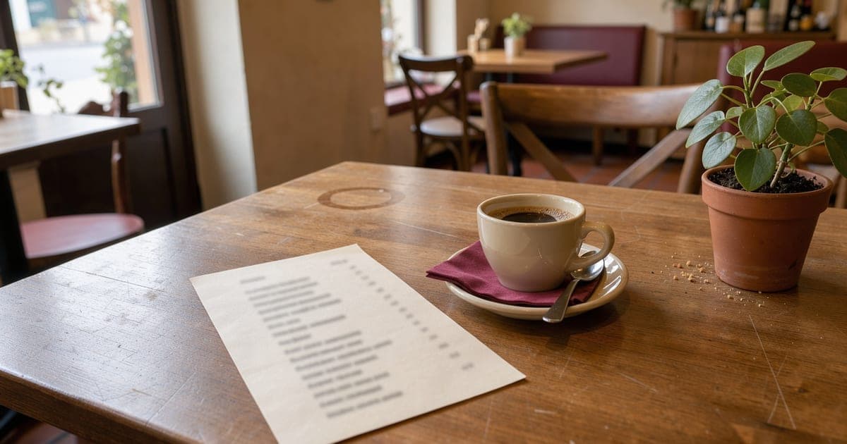 Eine schmale Speisekarte aus Papier liegt auf einem Holztisch im Café neben einer Kaffeetasse und einem kleinen Blumentopf