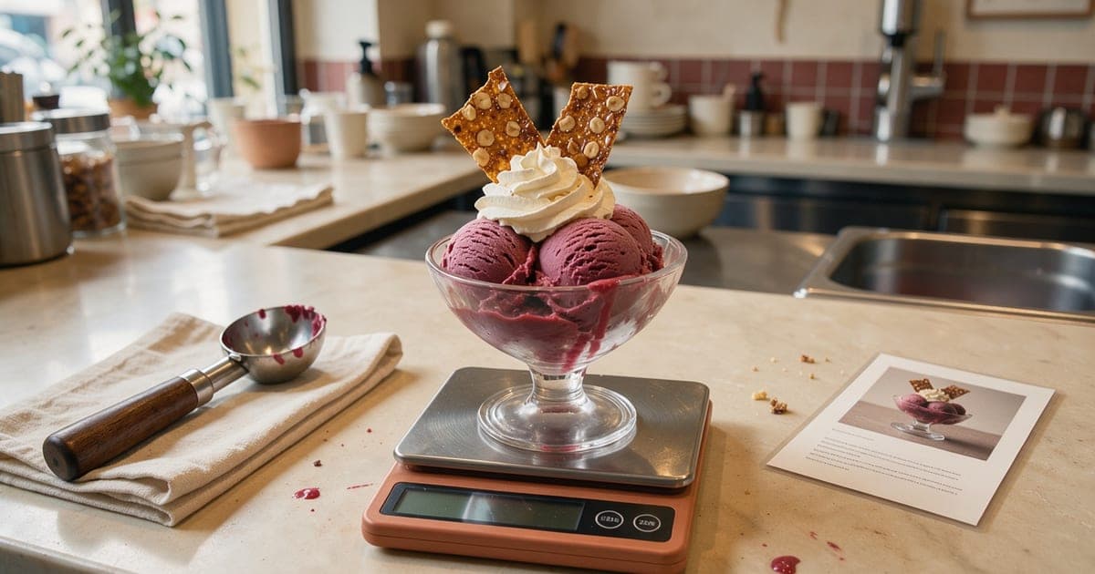 Eisbecher mit Sahne und Krokant auf einer Küchenwaage an der Theke, daneben ein Eisportionierer und eine laminierte Rezeptkarte mit Foto