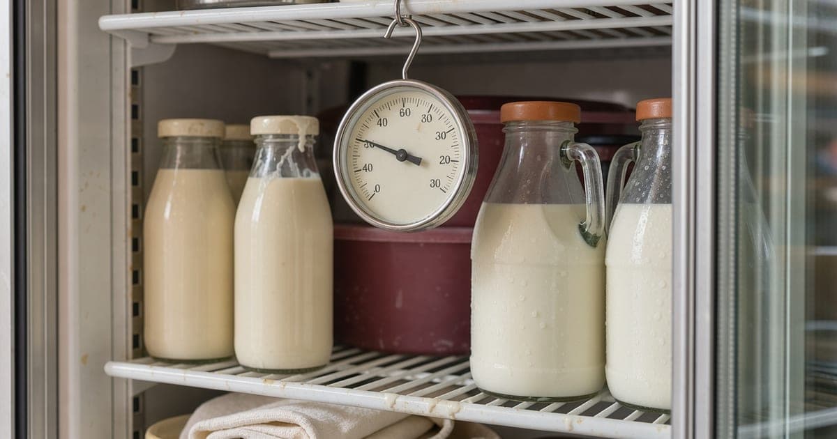 Thermometer hängt in einem Thekenkühlschrank zwischen Sahneflaschen und Milchkännchen, die Glastür ist halb geöffnet