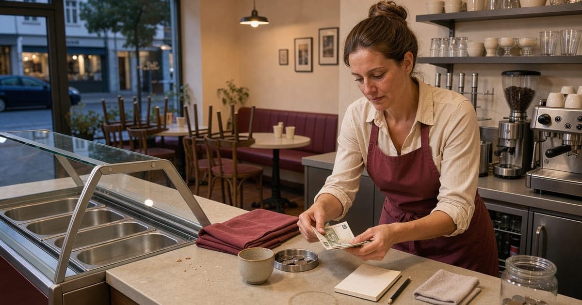 Inhaberin zählt nach Ladenschluss am Tresen eines kleinen Cafés Geldscheine, daneben eine Schürze und ein Notizblock