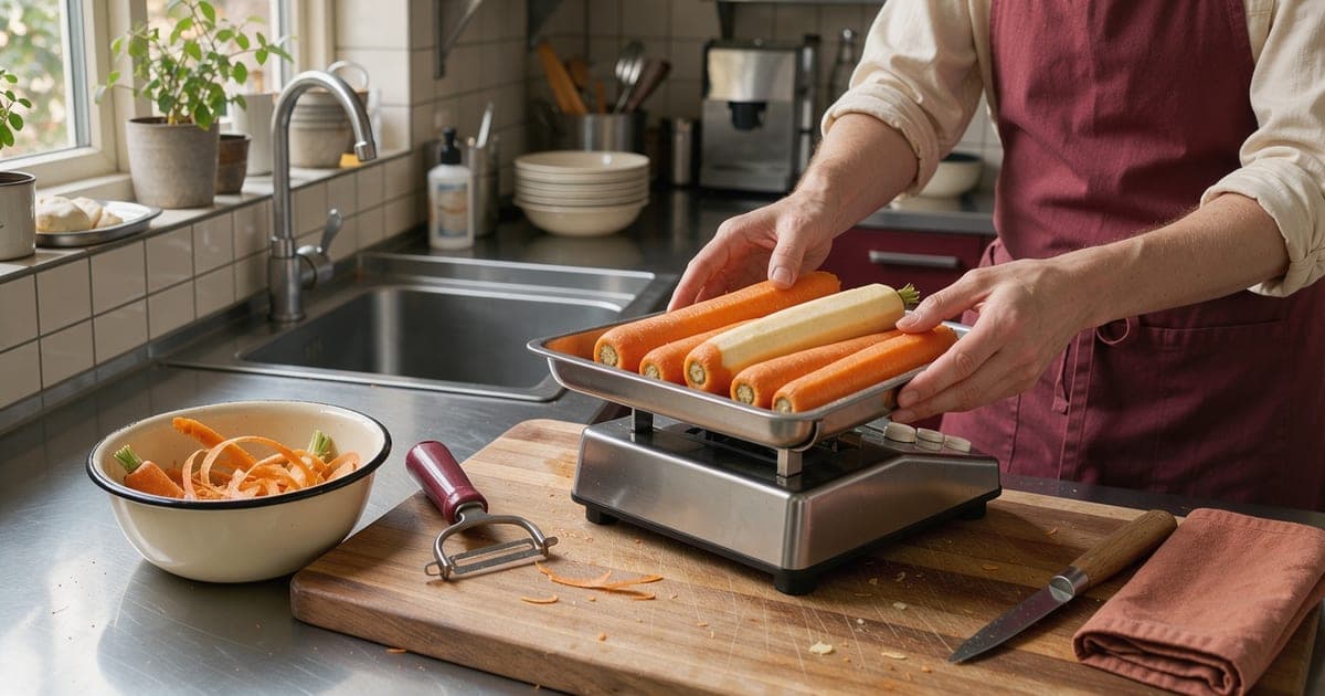 Hände wiegen geschälte Karotten auf einer Küchenwaage, daneben eine Schüssel mit Schalen und ein Sparschäler auf dem Brett