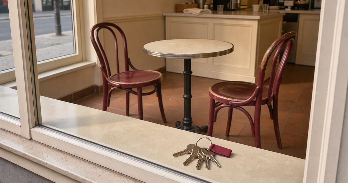 Leeres Ladenlokal mit großen Schaufenstern, darin ein einzelner Bistrotisch mit zwei Stühlen und ein Schlüsselbund auf der Fensterbank