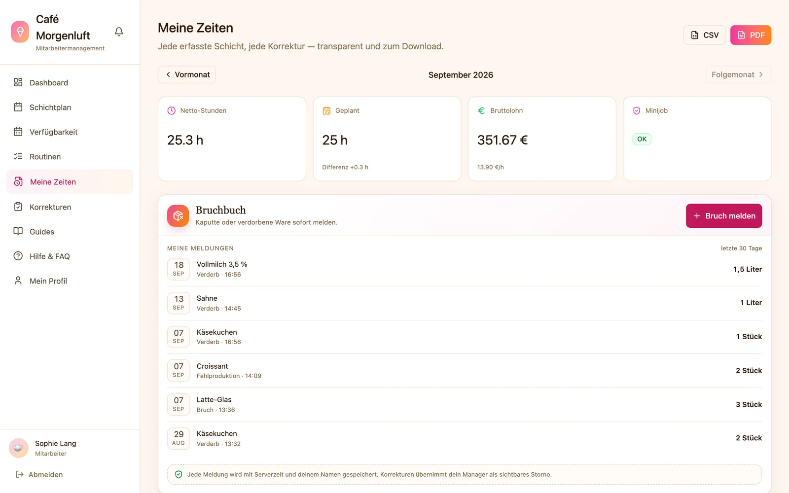 „Meine Zeiten“ für September mit den Kacheln Netto-Stunden, Geplant, Bruttolohn und Minijob, darunter das Bruchbuch mit den eigenen Meldungen