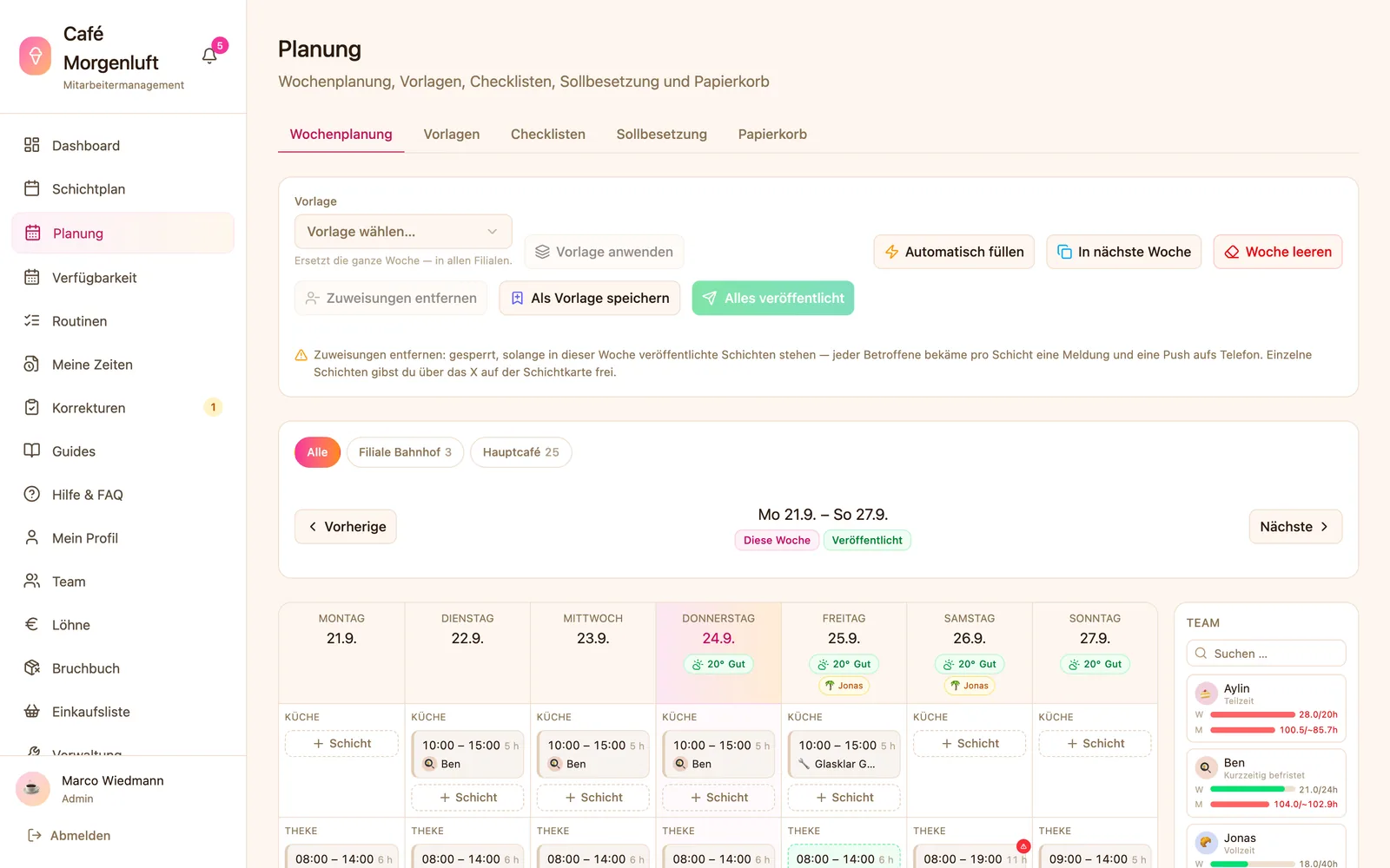 Planung im Reiter „Wochenplanung“ mit Vorlagen- und Wochenknöpfen, Filialfilter, Wochenraster nach Küche und Theke und der Teamleiste mit Stundenbalken