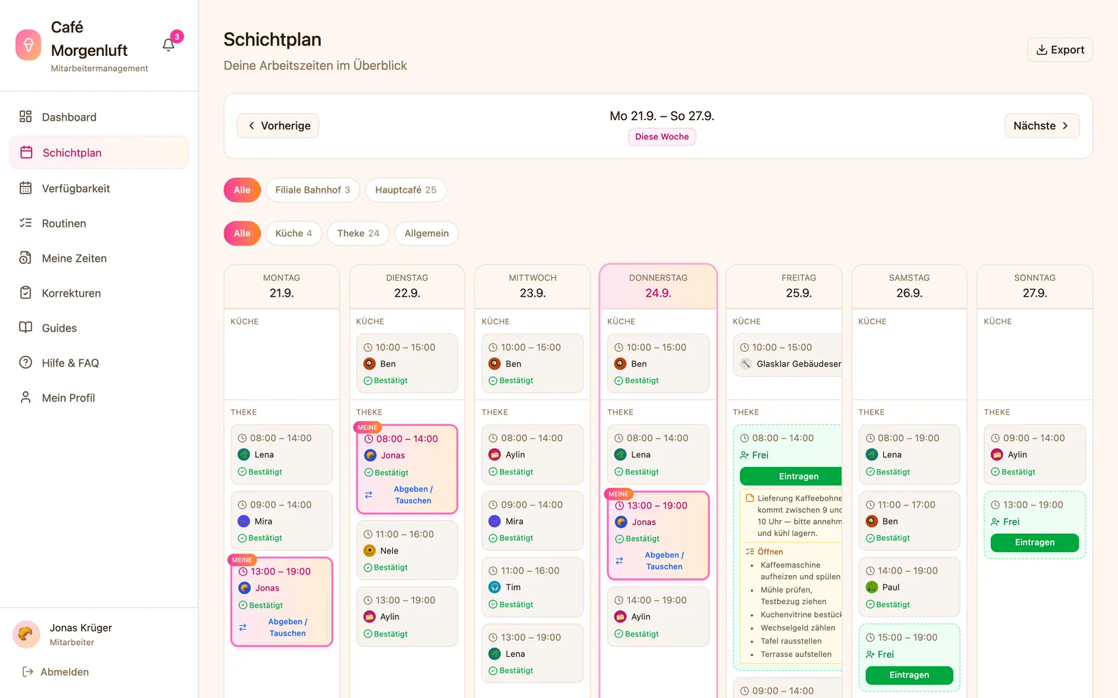 Schichtplan aus Sicht des Mitarbeiters Jonas: seine Schichten tragen die Marke „MEINE“ und den Knopf „Abgeben / Tauschen“, freie Schichten den Knopf „Eintragen“