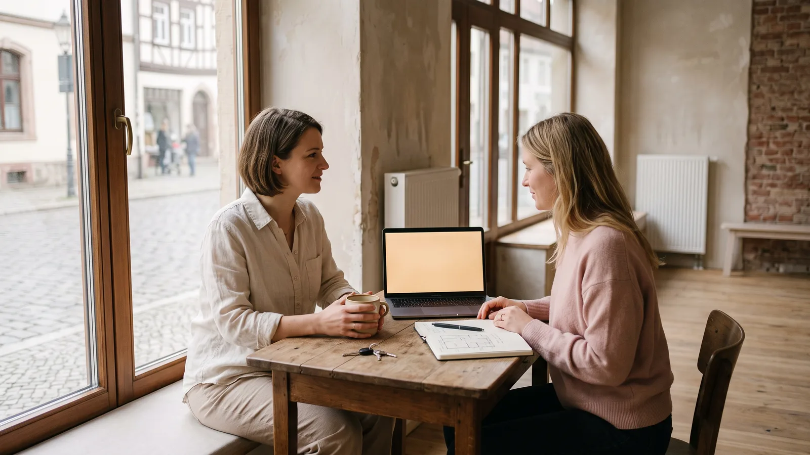 Zwei Frauen sitzen im gerade gemieteten, leeren Laden am Tisch, mit Laptop, Notizen und Schlüsseln.