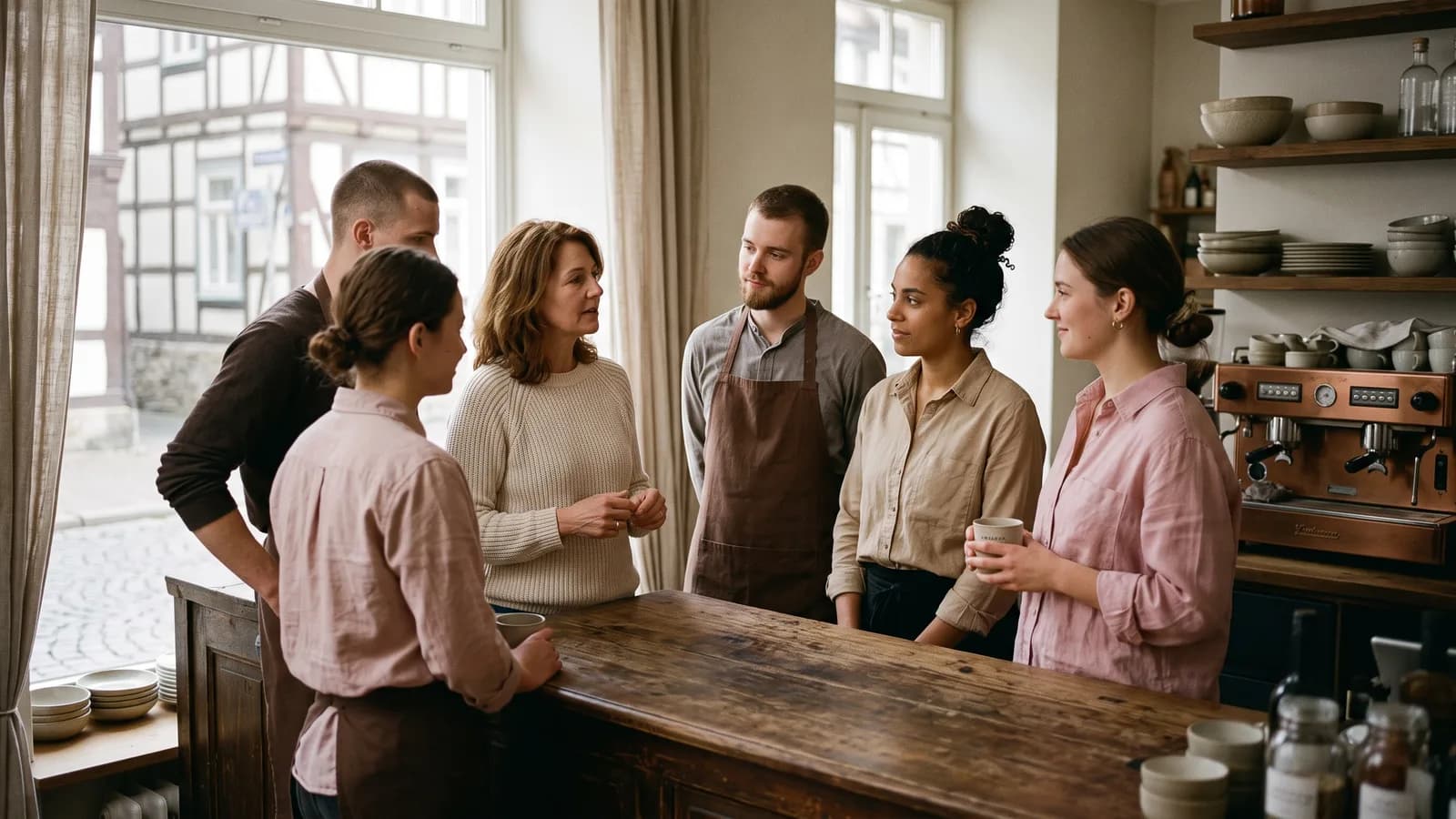 Kurze Teambesprechung vor der Öffnung: Das Team steht an der Theke und hört zu.