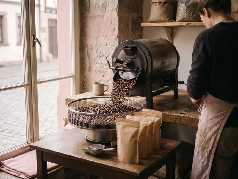 Frisch geröstete Kaffeebohnen fallen aus einem kleinen Trommelröster in das Kühlsieb.