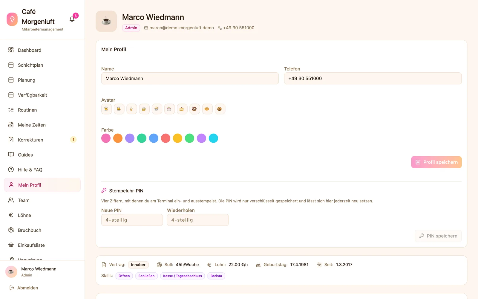 Eigenes Profil mit der Karte „Mein Profil“ für Name, Telefon, Avatar und Farbe, der Stempeluhr-PIN und darunter Vertrag, Soll, Lohn und Skills