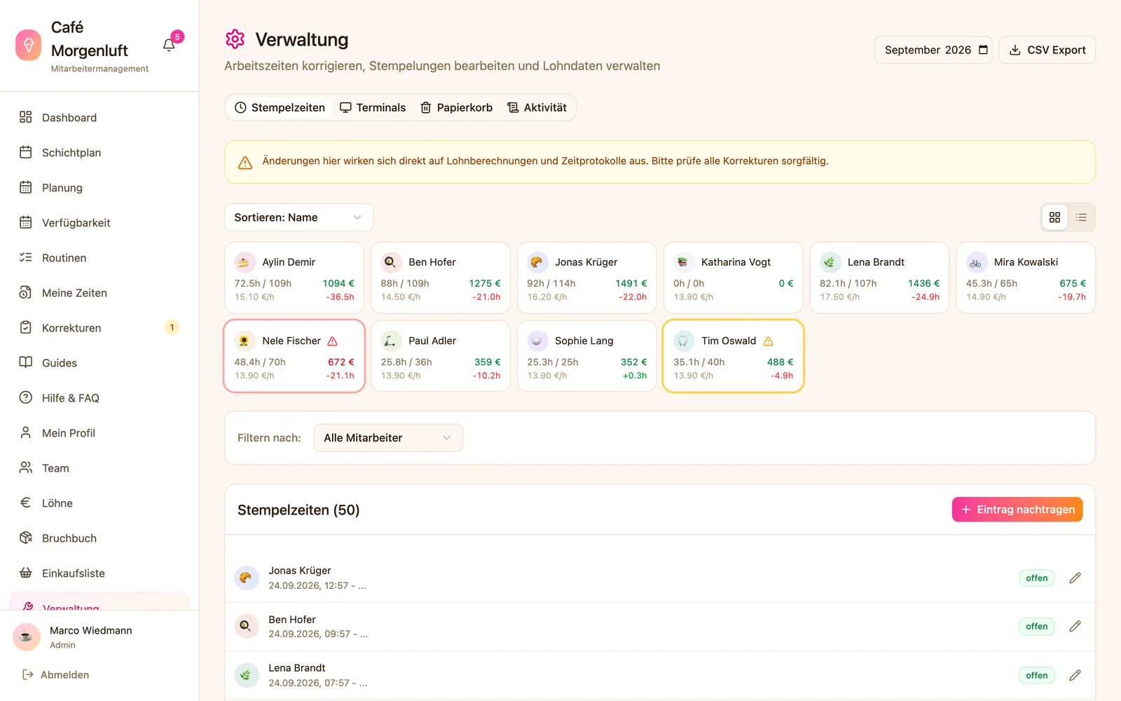 Verwaltung im Reiter „Stempelzeiten“ mit Stunden und Lohn je Mitarbeiter, darunter die Liste der Stempelzeiten mit dem Knopf „Eintrag nachtragen“
