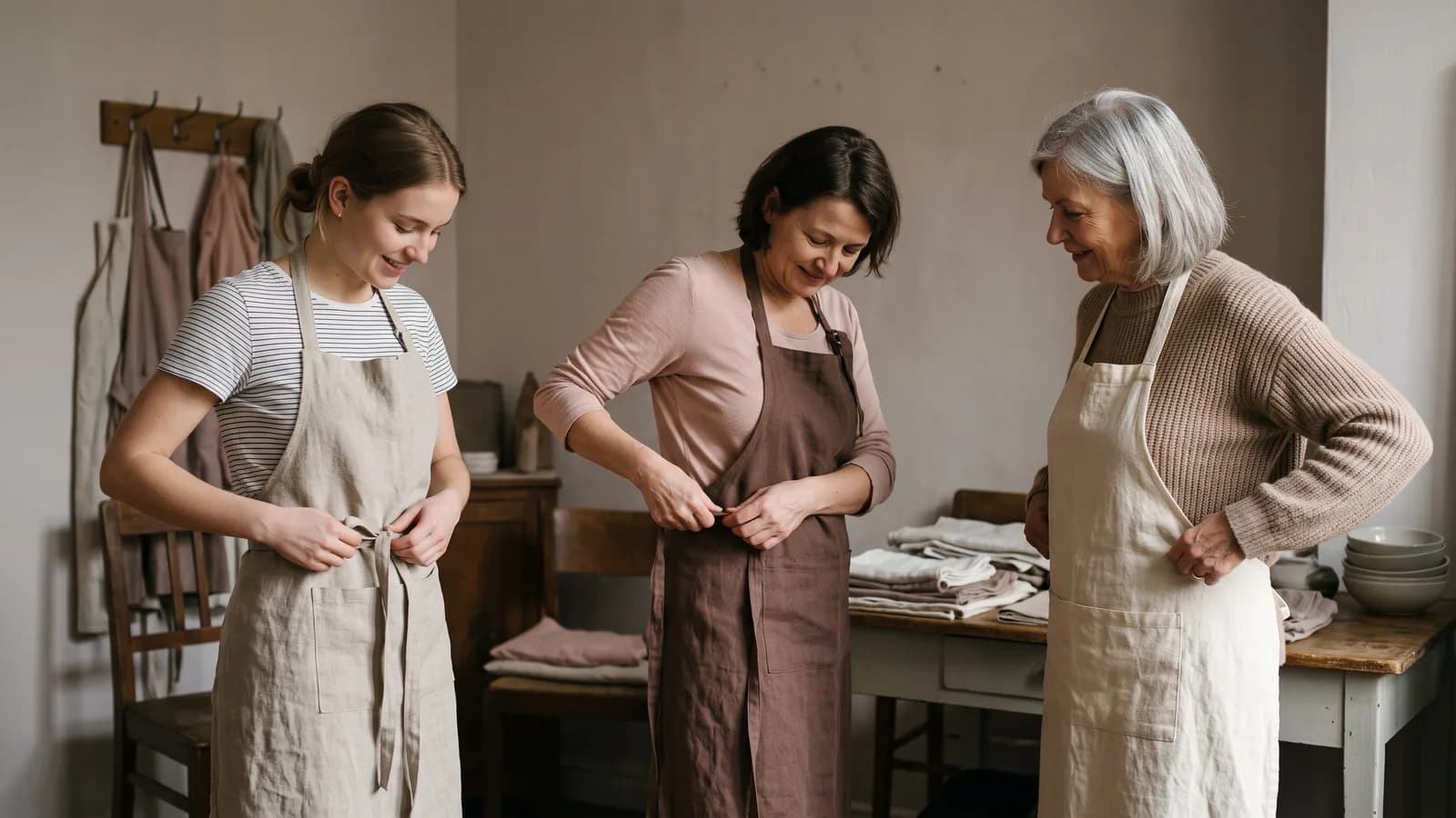 Drei Frauen unterschiedlichen Alters binden sich vor der Schicht die Schürzen.
