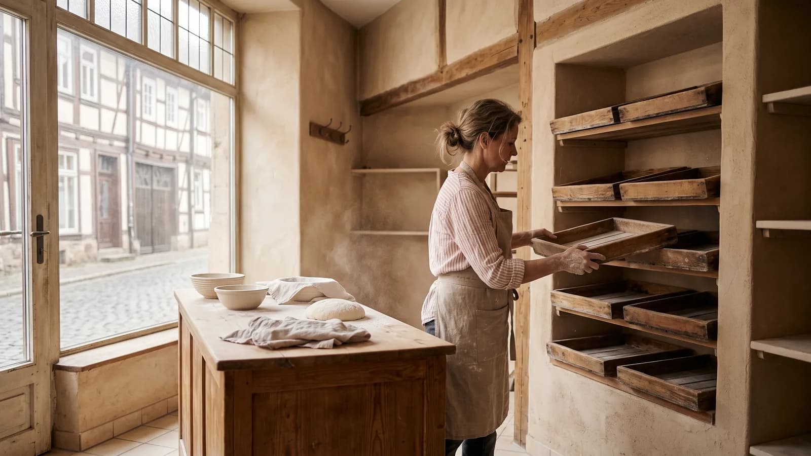 Eine Bäckerei vor der Eröffnung: Die Inhaberin schiebt leere Brotkörbe ins Regal hinter der Theke.