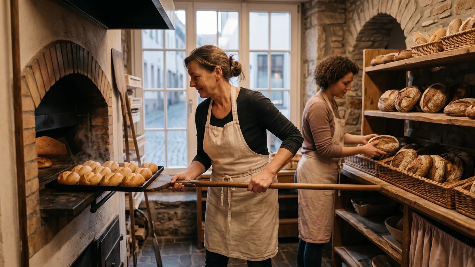 Früh am Morgen werden Brötchen aus dem Steinofen geholt, daneben werden Brote ins Regal sortiert.