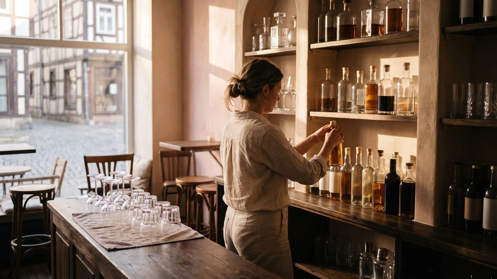 Eine leere Bar am Nachmittag vor der ersten Nacht, die Inhaberin räumt Flaschen ins Regal.