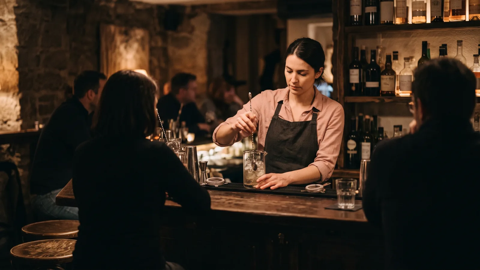 Abends an der Bar: Hinter der Theke wird ein Drink gerührt, Gäste sitzen im Gegenlicht.
