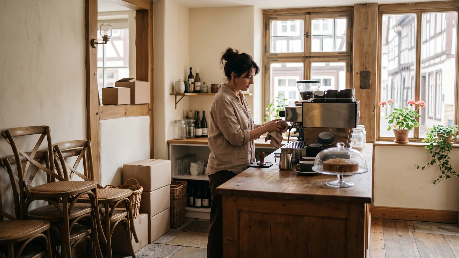 Ein Café am Tag vor der Eröffnung: Stühle noch gestapelt, die Inhaberin poliert die Siebträgermaschine.