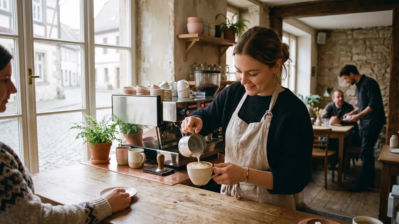 Ein Barista gießt Milchschaum in eine Tasse, im Hintergrund bedient eine Kollegin einen Gast.
