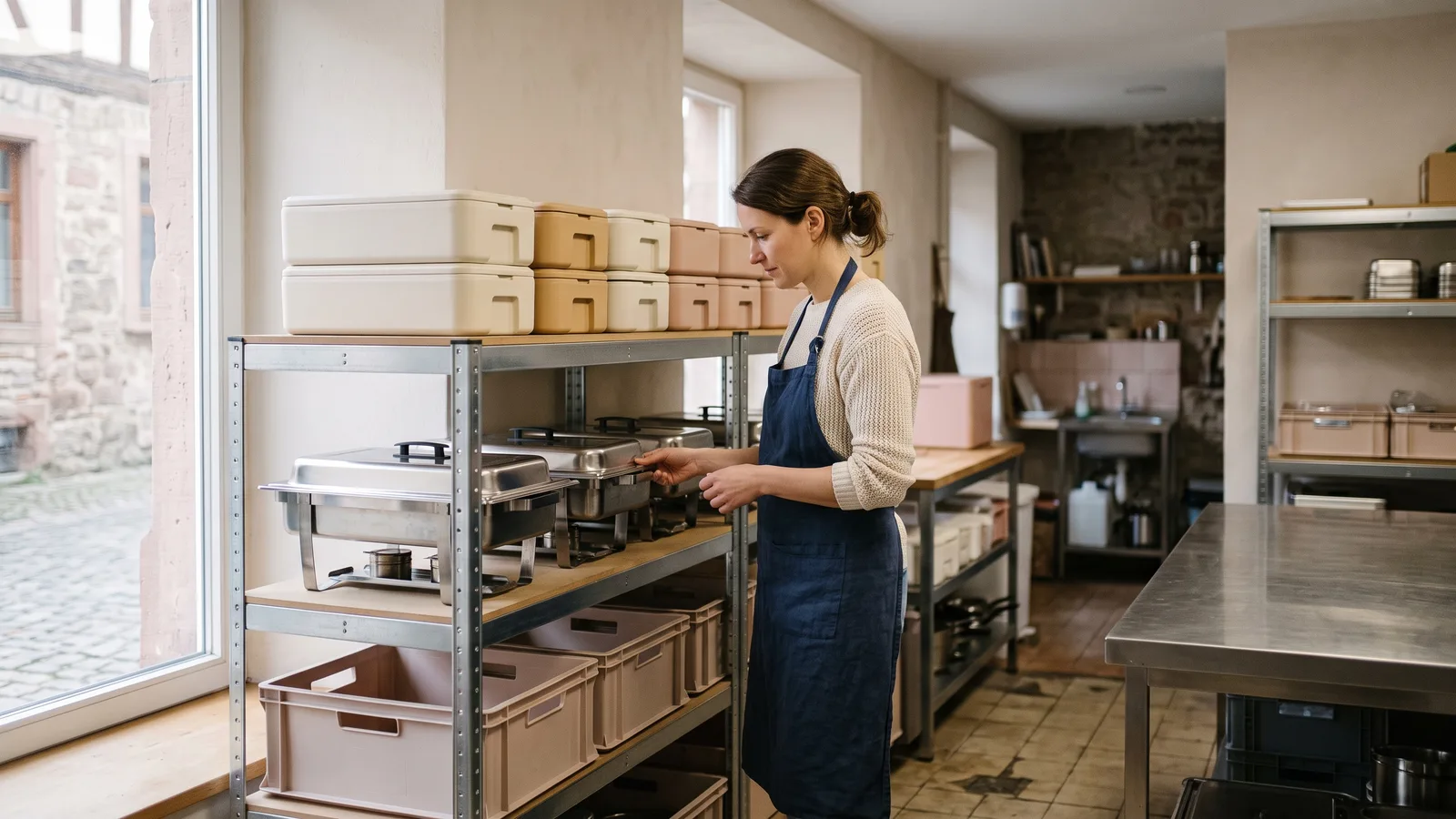 Eine Cateringküche vor dem ersten Auftrag, die Inhaberin prüft Thermoboxen und Chafing Dishes.